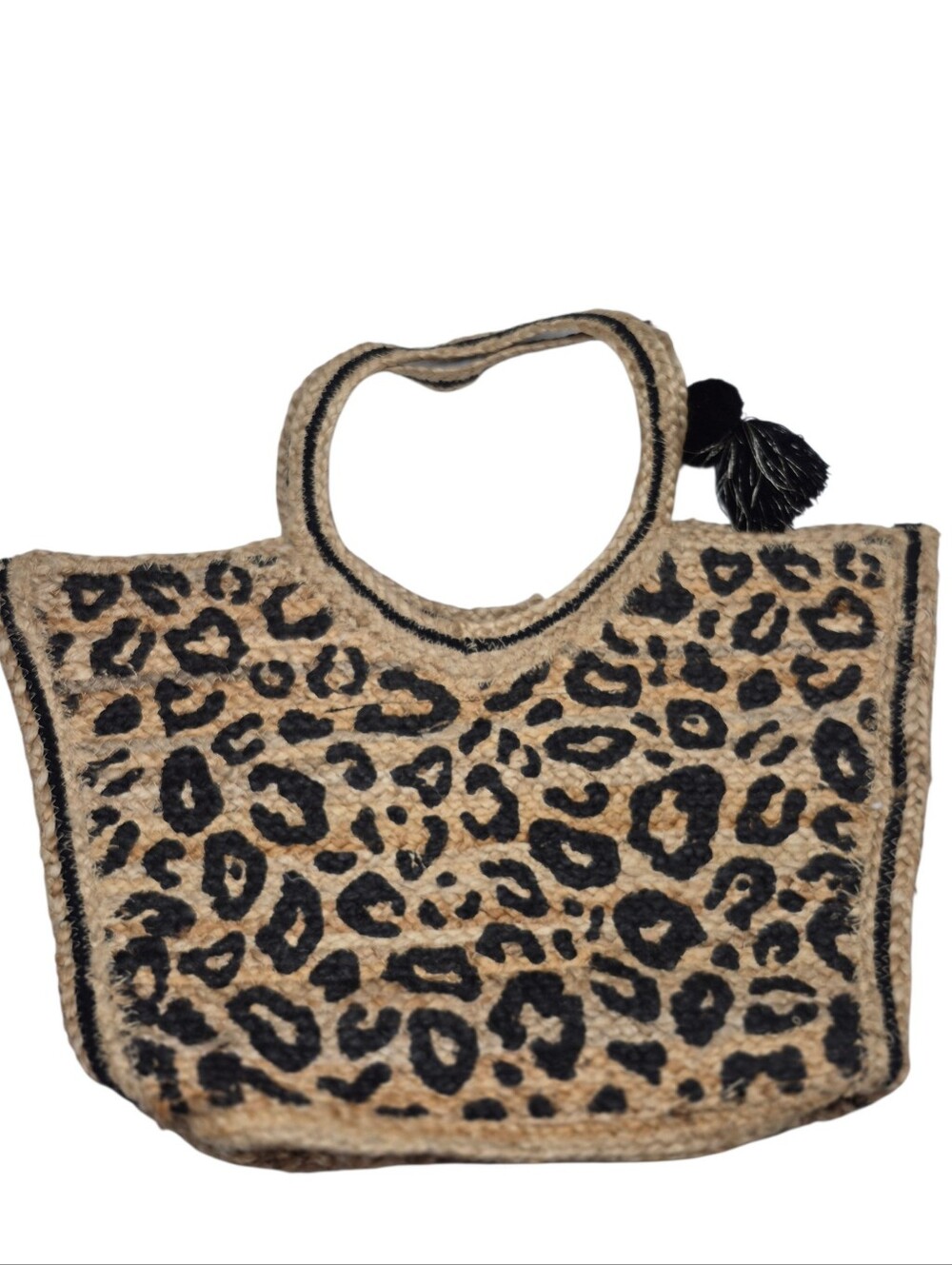 America & Beyond Jute Leopard Print Tote Bag Large Tan Black